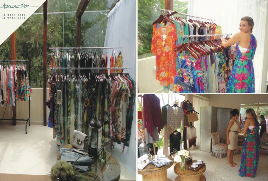 Montagem de fotos de um evento de vendas da PÓE, com araras de peças estampadas e clientes provando
